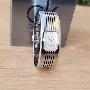 Calvin Klein Metallic Silver Fractal Women's Bracelet Cuff Wristwatch